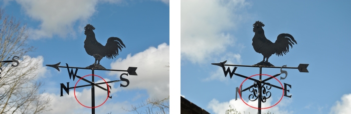 cockerel weathervanes shown with and without decorative scrolls